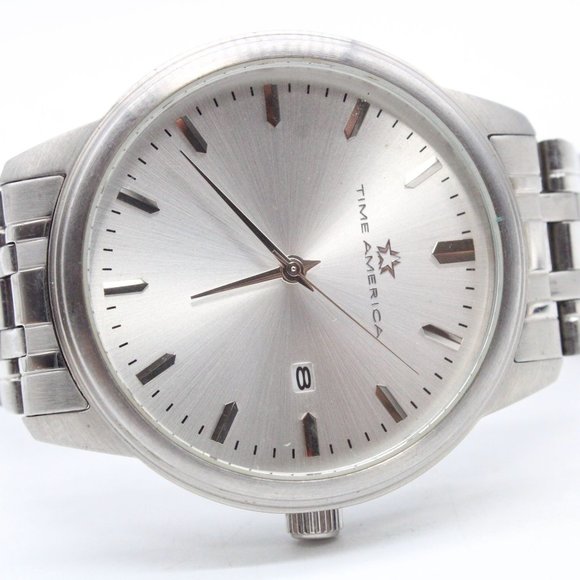 Time America Watch Mens Silver Tone Stainless Steel Classic Quartz Silver Dial - Picture 6 of 8